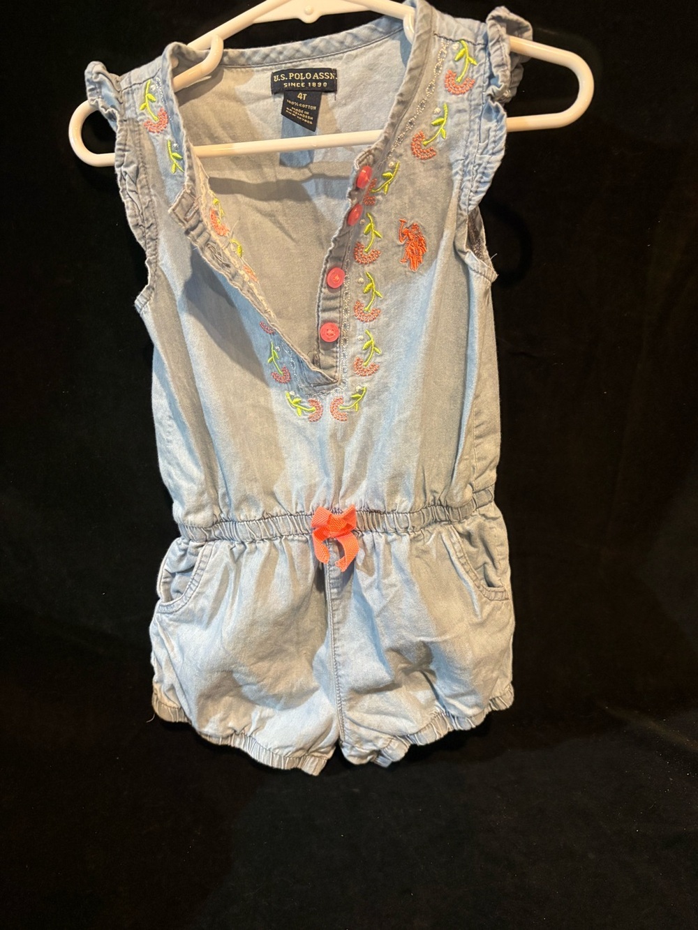 US Polo Association Light Blue Embroidered Girls Romper in 4T